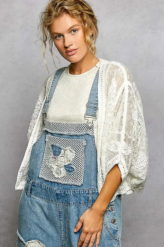 POL Open Front Crochet Cardigan with Floral Embroidery - Plush Fashion Hub