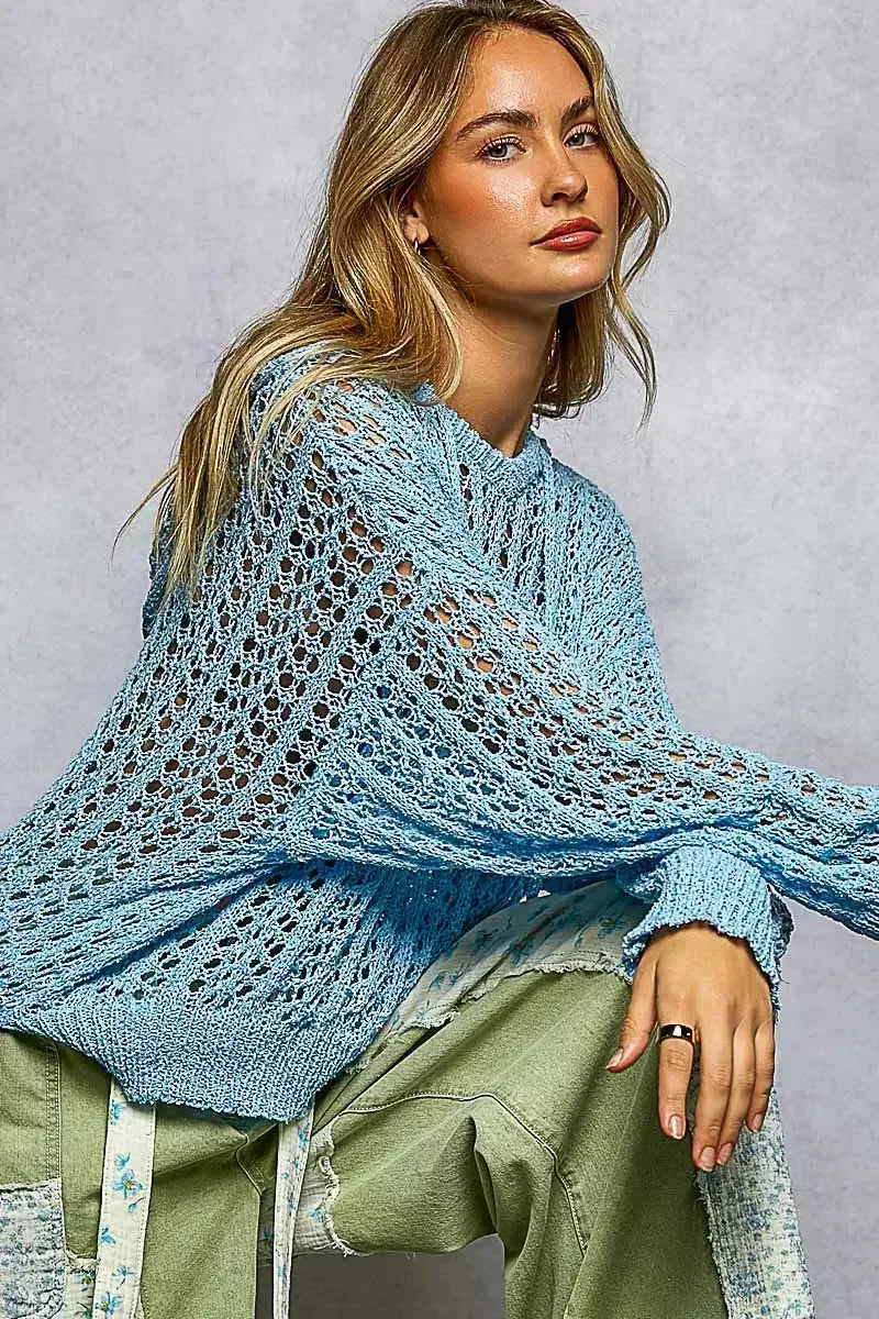 POL Openwork Round Neck High Low Knit Top - Plush Fashion Hub