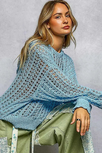 POL Openwork Round Neck High Low Knit Top - Plush Fashion Hub