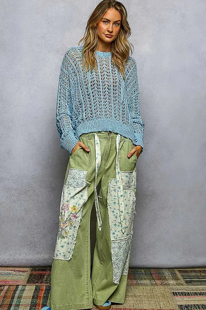 POL Openwork Round Neck High Low Knit Top - Plush Fashion Hub