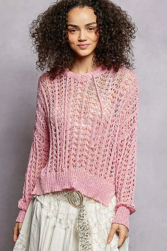 POL Openwork Round Neck High Low Knit Top - Plush Fashion Hub