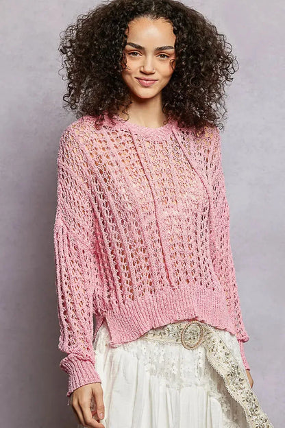 POL Openwork Round Neck High Low Knit Top - Plush Fashion Hub