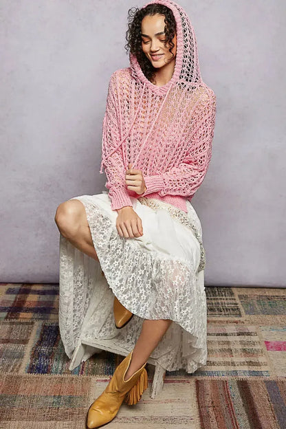 POL Openwork Round Neck High Low Knit Top - Plush Fashion Hub