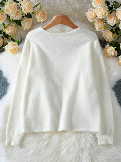 Pearl Trim Fuzzy Knit Cardigan - Plush Fashion Hub