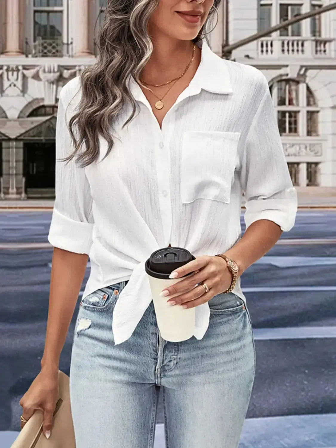 Perfee Collared Neck Half Sleeve Twisted Shirt - Plush Fashion Hub