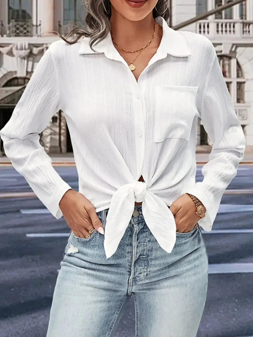 Perfee Collared Neck Half Sleeve Twisted Shirt - Plush Fashion Hub