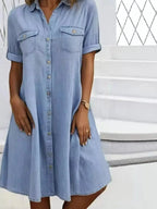 Full Size Button-Front Short Sleeve Denim Dress Plus Size - Plush Fashion Hub