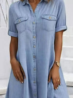 Full Size Button-Front Short Sleeve Denim Dress Plus Size - Plush Fashion Hub