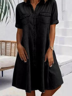 Full Size Button-Front Short Sleeve Denim Dress Plus Size - Plush Fashion Hub