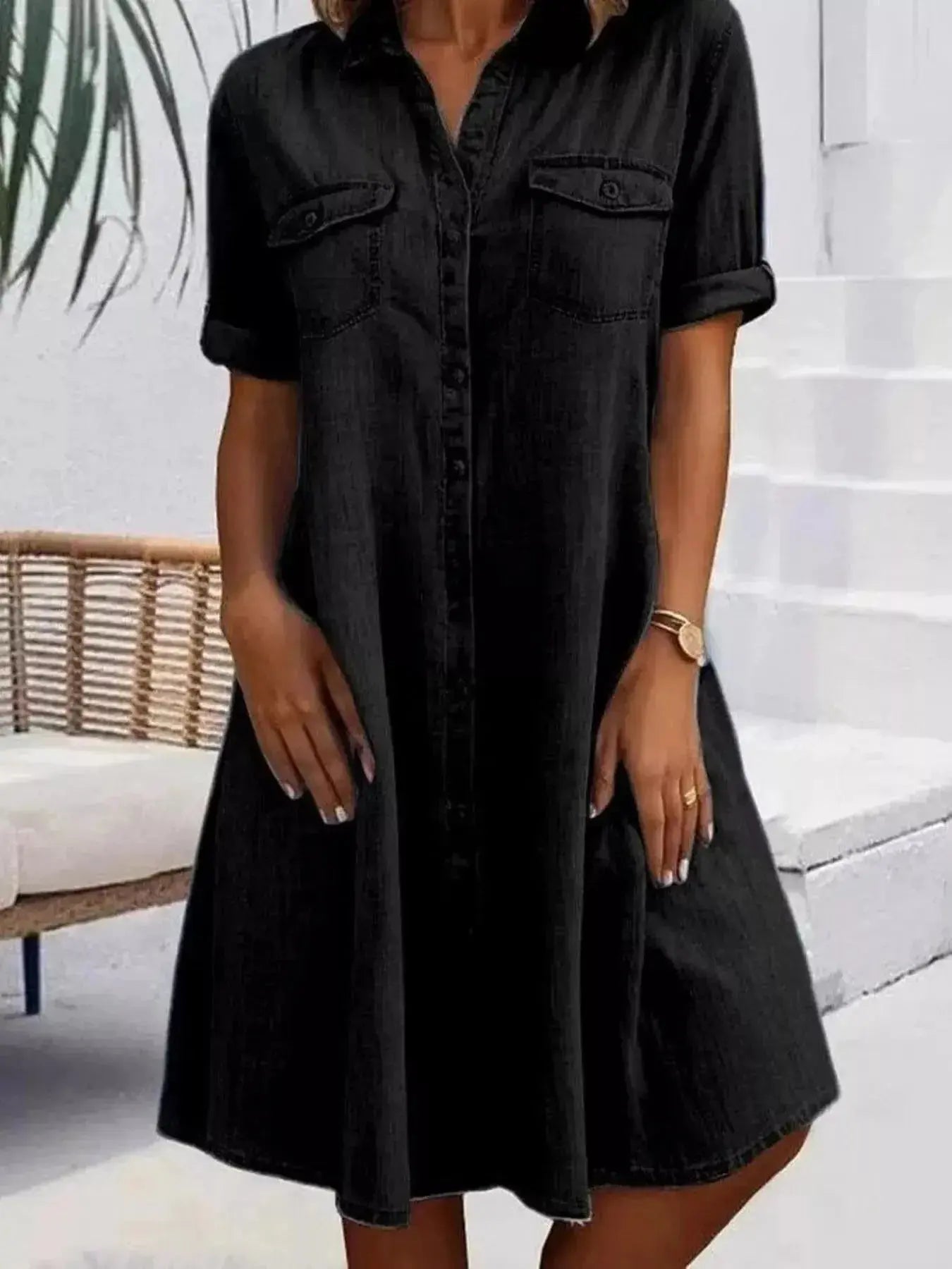 Full Size Button-Front Short Sleeve Denim Dress Plus Size - Plush Fashion Hub