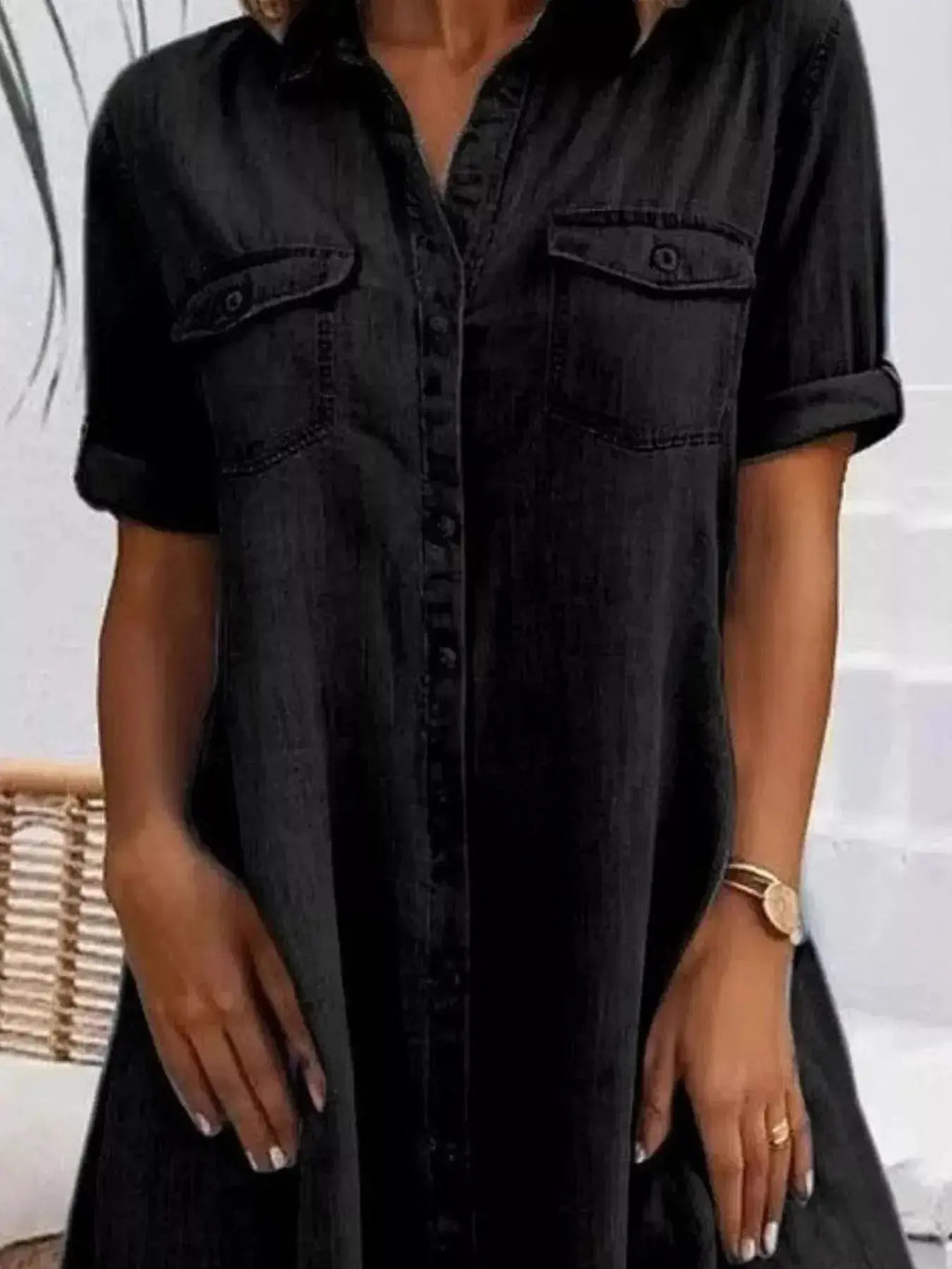 Full Size Button-Front Short Sleeve Denim Dress Plus Size - Plush Fashion Hub