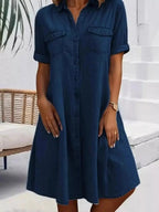 Full Size Button-Front Short Sleeve Denim Dress Plus Size - Plush Fashion Hub