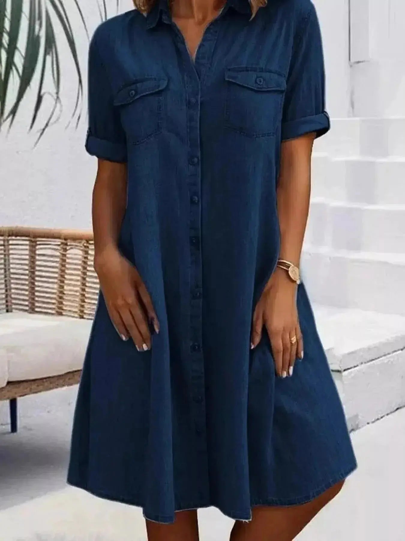 Full Size Button-Front Short Sleeve Denim Dress Plus Size - Plush Fashion Hub