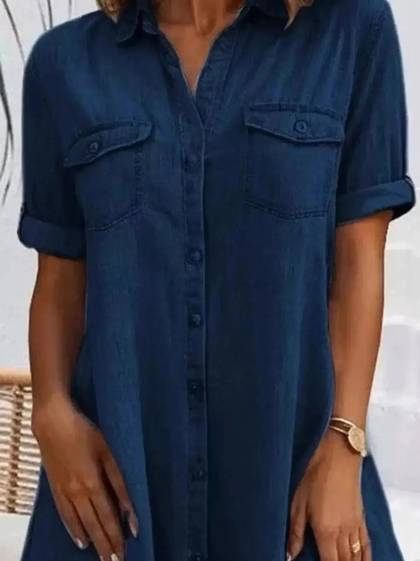 Full Size Button-Front Short Sleeve Denim Dress Plus Size - Plush Fashion Hub