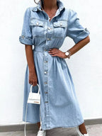 Full Size Button Down Roll-Up Sleeve Denim Shirt Dress Plus Size - Plush Fashion Hub