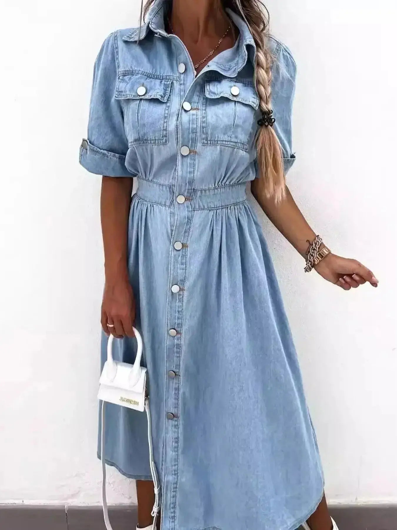 Full Size Button Down Roll-Up Sleeve Denim Shirt Dress Plus Size - Plush Fashion Hub