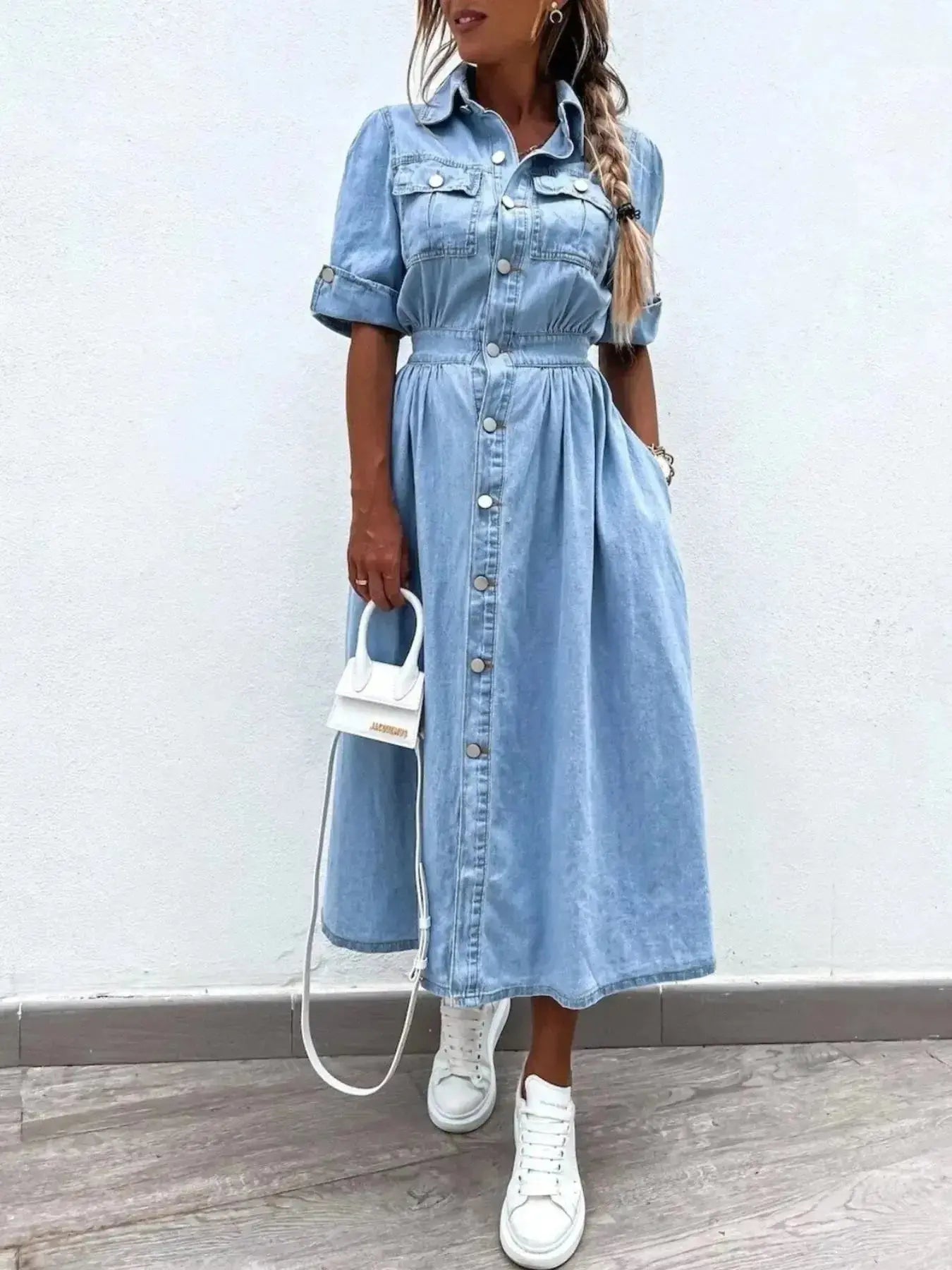 Full Size Button Down Roll-Up Sleeve Denim Shirt Dress Plus Size - Plush Fashion Hub