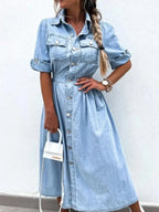 Full Size Button Down Roll-Up Sleeve Denim Shirt Dress Plus Size - Plush Fashion Hub