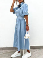 Full Size Button Down Roll-Up Sleeve Denim Shirt Dress Plus Size - Plush Fashion Hub