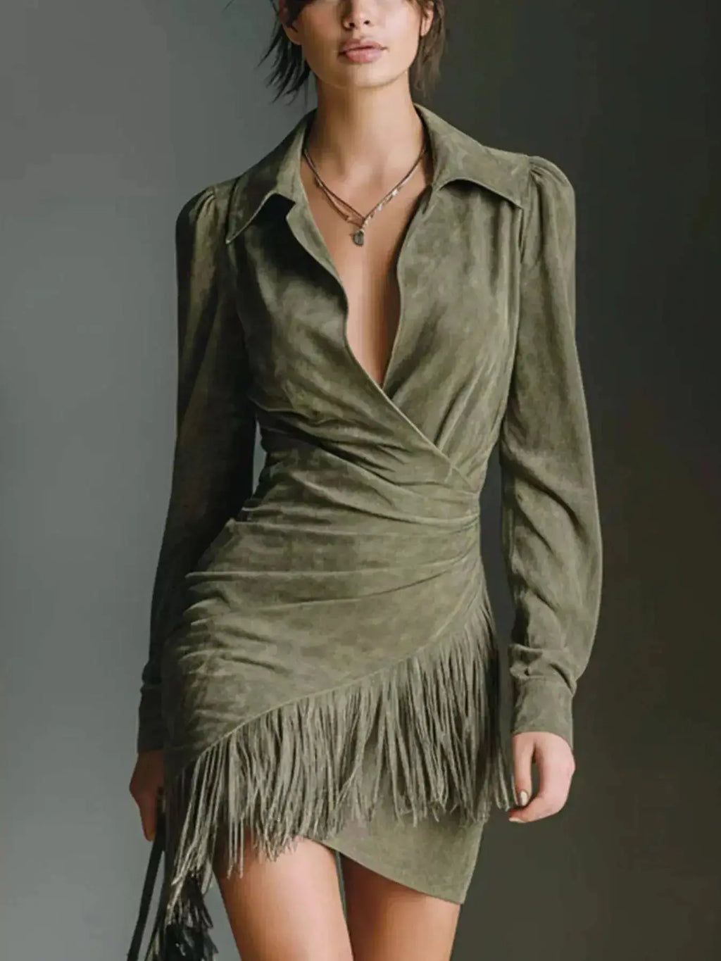 Full Size Suede Fringe Long Sleeve Dress Plus Size - Plush Fashion Hub