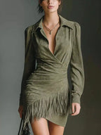 Full Size Suede Fringe Long Sleeve Dress Plus Size - Plush Fashion Hub