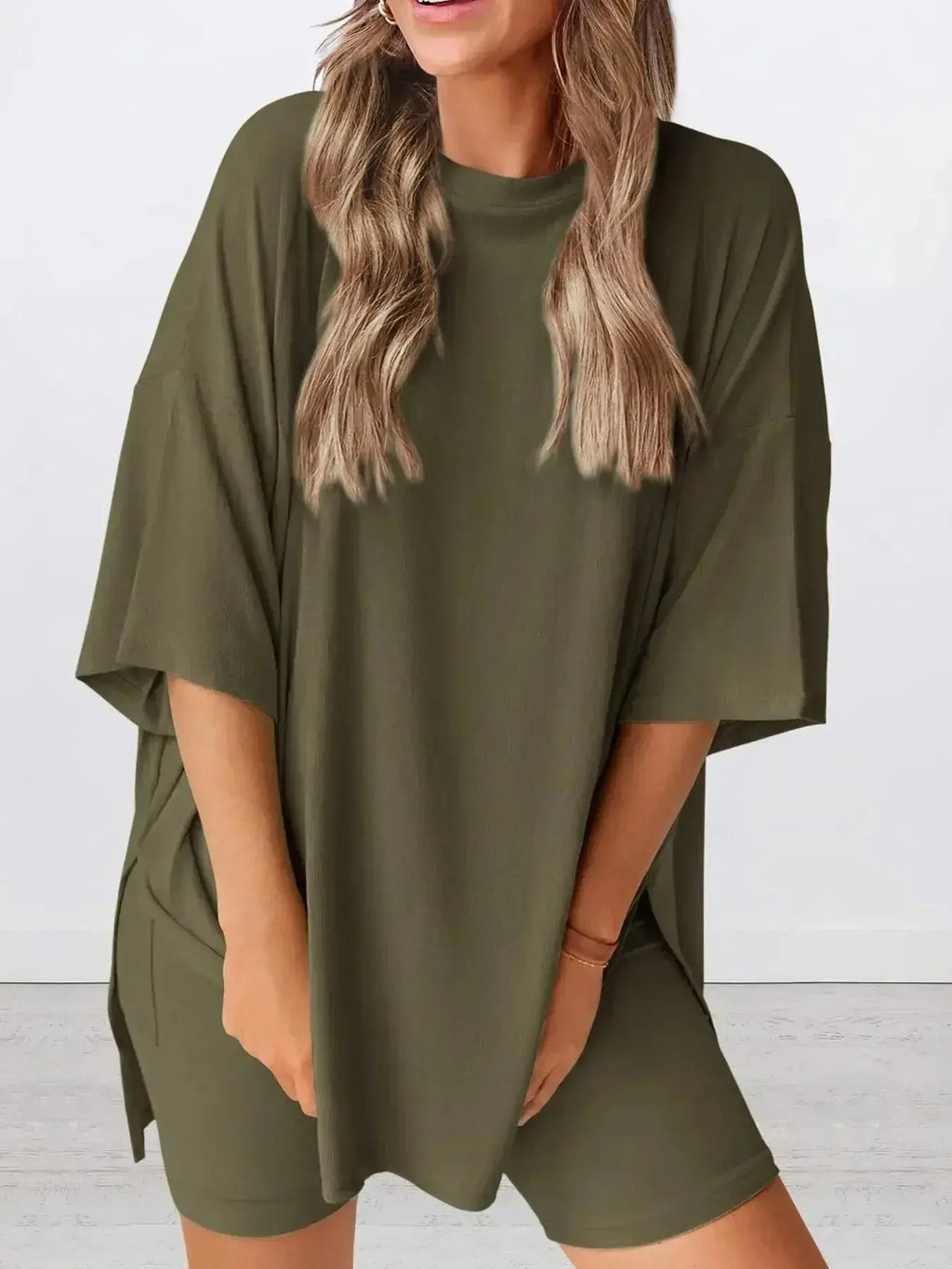 Full Size Oversized Slit Round Neck Top and Shorts Lounge Set Plus Size - Plush Fashion Hub