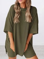 Full Size Oversized Slit Round Neck Top and Shorts Lounge Set Plus Size - Plush Fashion Hub