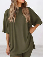 Full Size Oversized Slit Round Neck Top and Shorts Lounge Set Plus Size - Plush Fashion Hub