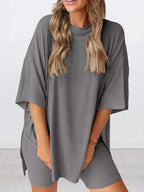 Full Size Oversized Slit Round Neck Top and Shorts Lounge Set Plus Size - Plush Fashion Hub