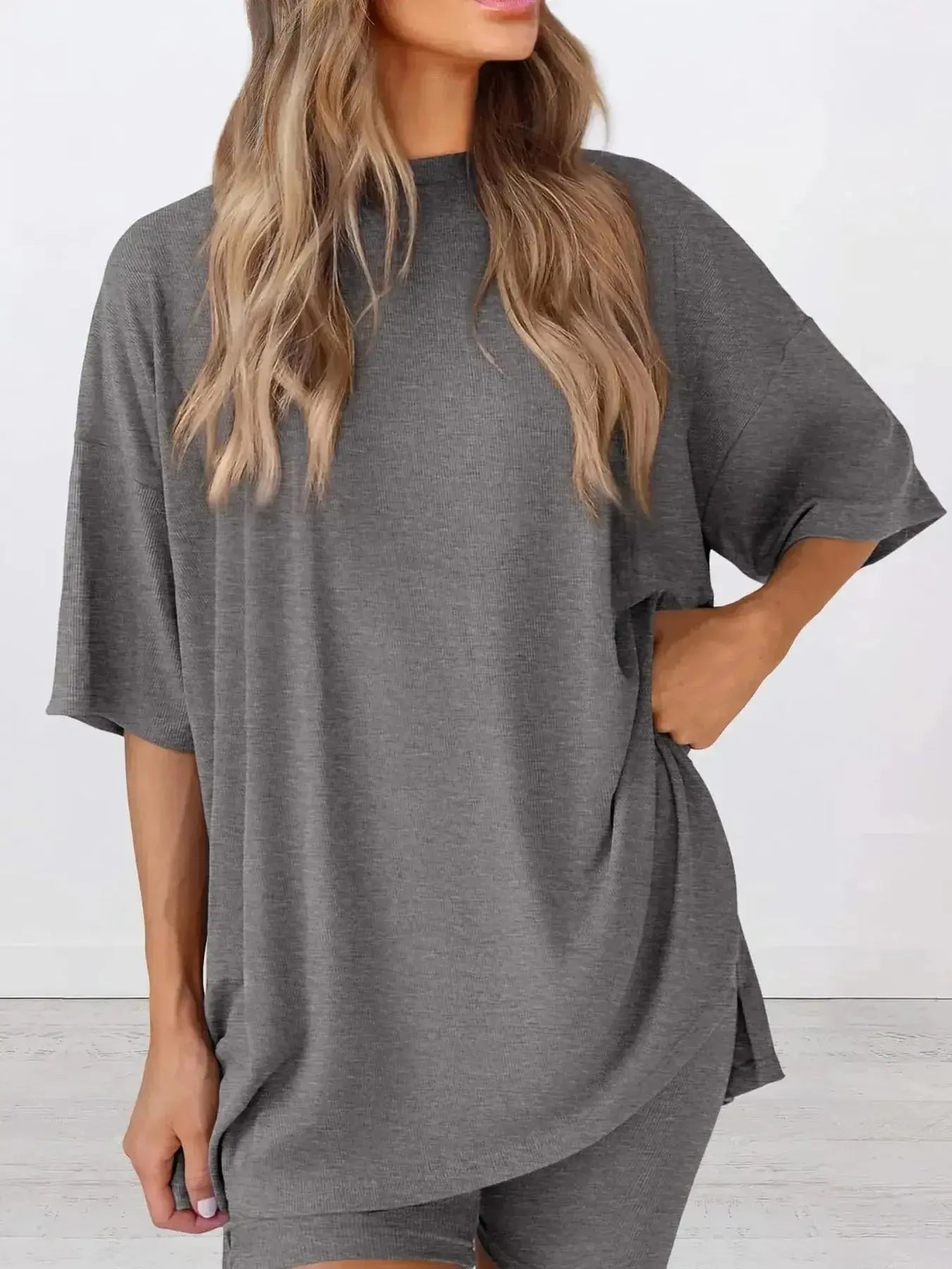 Full Size Oversized Slit Round Neck Top and Shorts Lounge Set Plus Size - Plush Fashion Hub