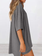 Full Size Oversized Slit Round Neck Top and Shorts Lounge Set Plus Size - Plush Fashion Hub
