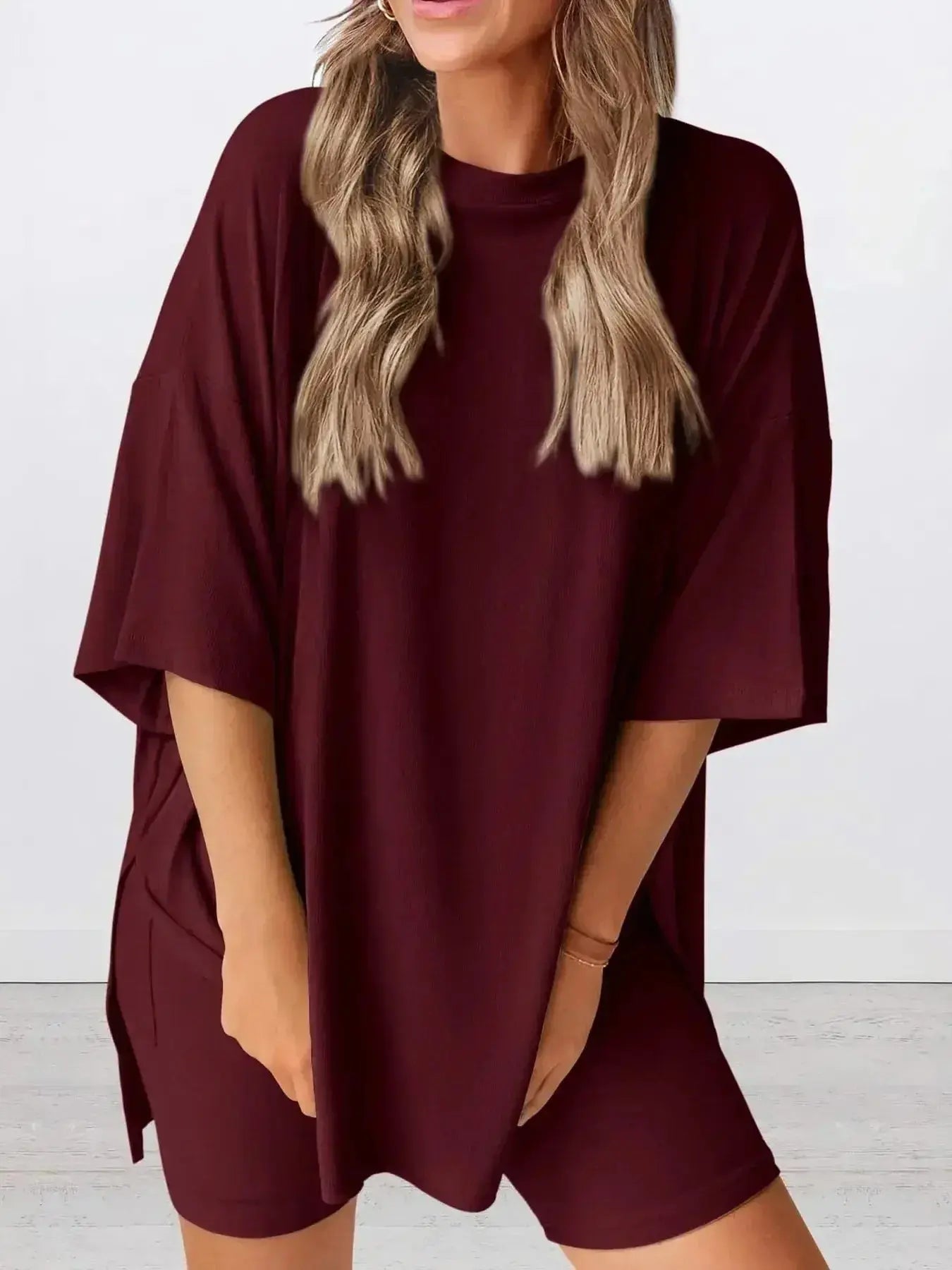 Full Size Oversized Slit Round Neck Top and Shorts Lounge Set Plus Size - Plush Fashion Hub