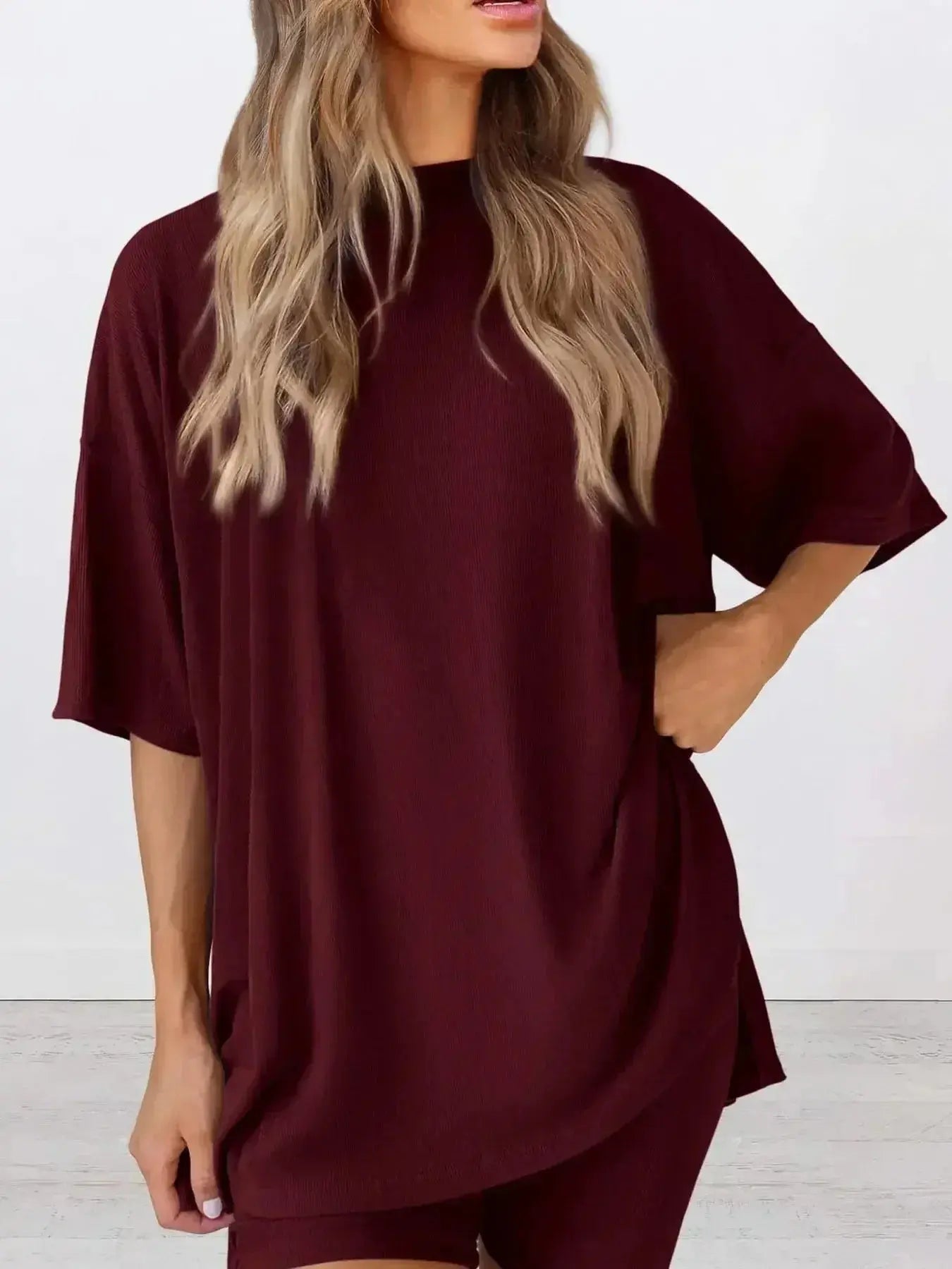 Full Size Oversized Slit Round Neck Top and Shorts Lounge Set Plus Size - Plush Fashion Hub