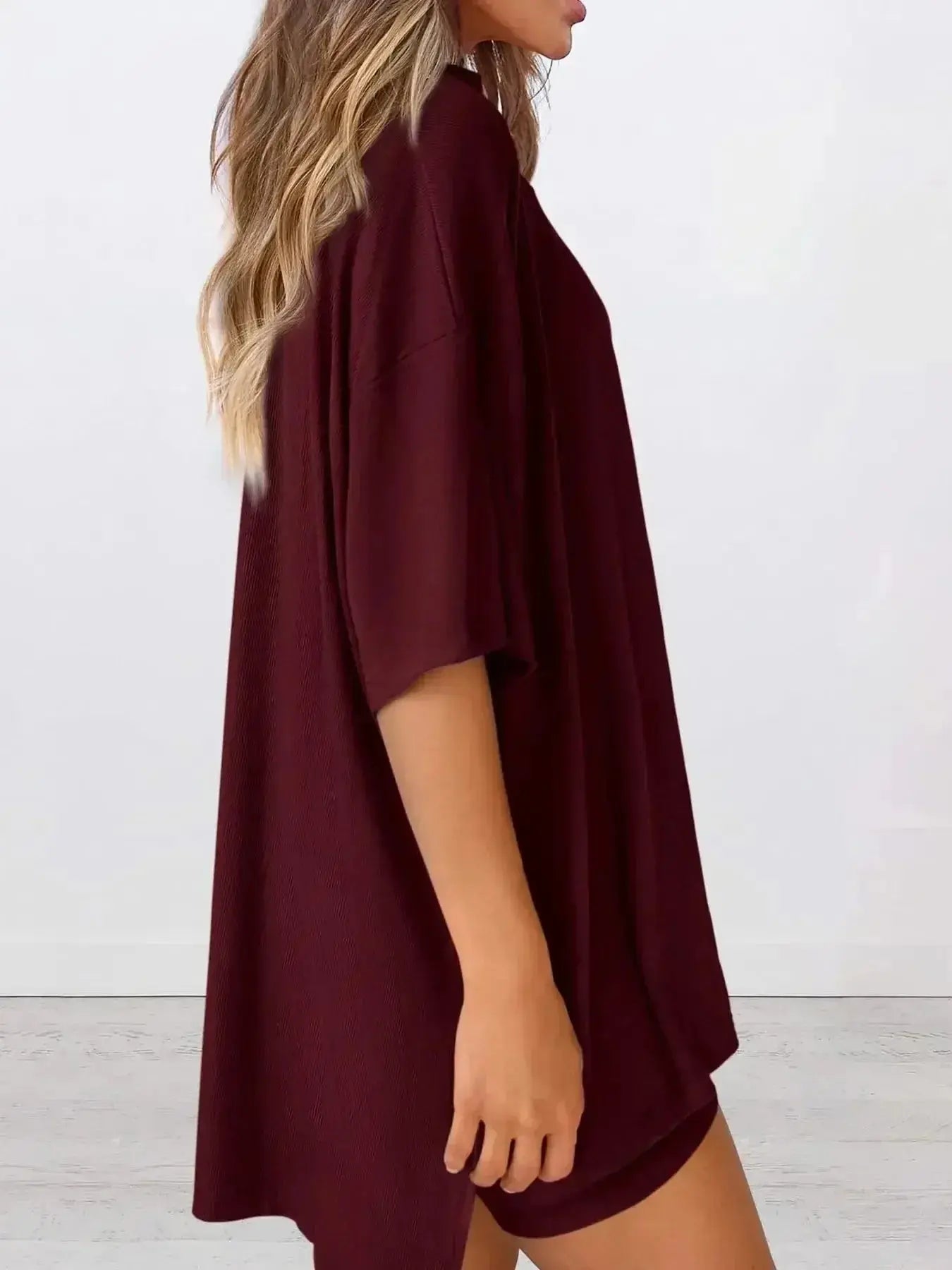 Full Size Oversized Slit Round Neck Top and Shorts Lounge Set Plus Size - Plush Fashion Hub