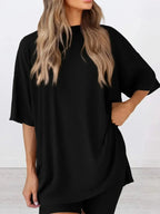 Full Size Oversized Slit Round Neck Top and Shorts Lounge Set Plus Size - Plush Fashion Hub