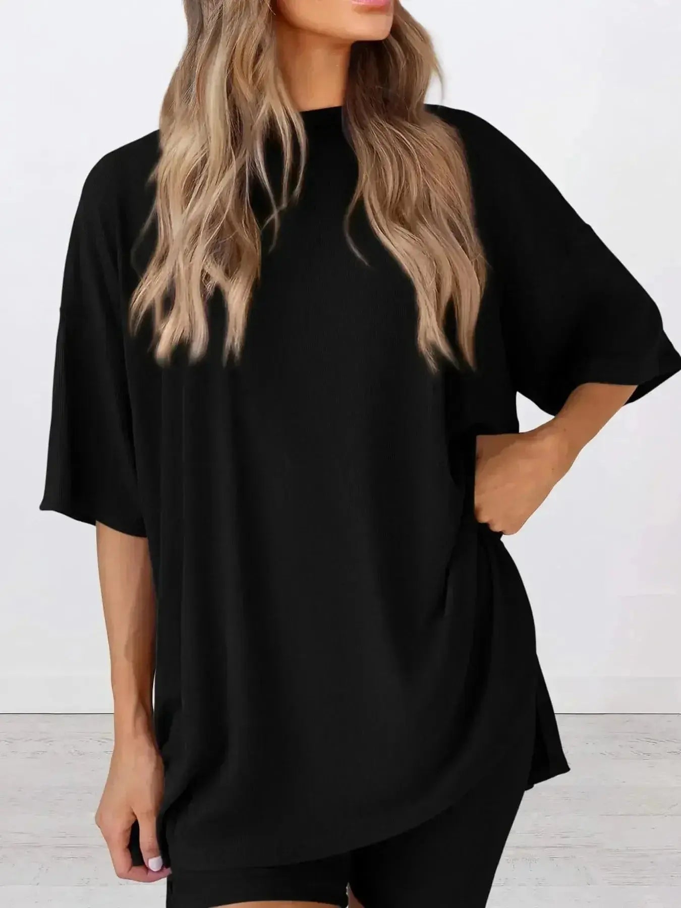 Full Size Oversized Slit Round Neck Top and Shorts Lounge Set Plus Size - Plush Fashion Hub