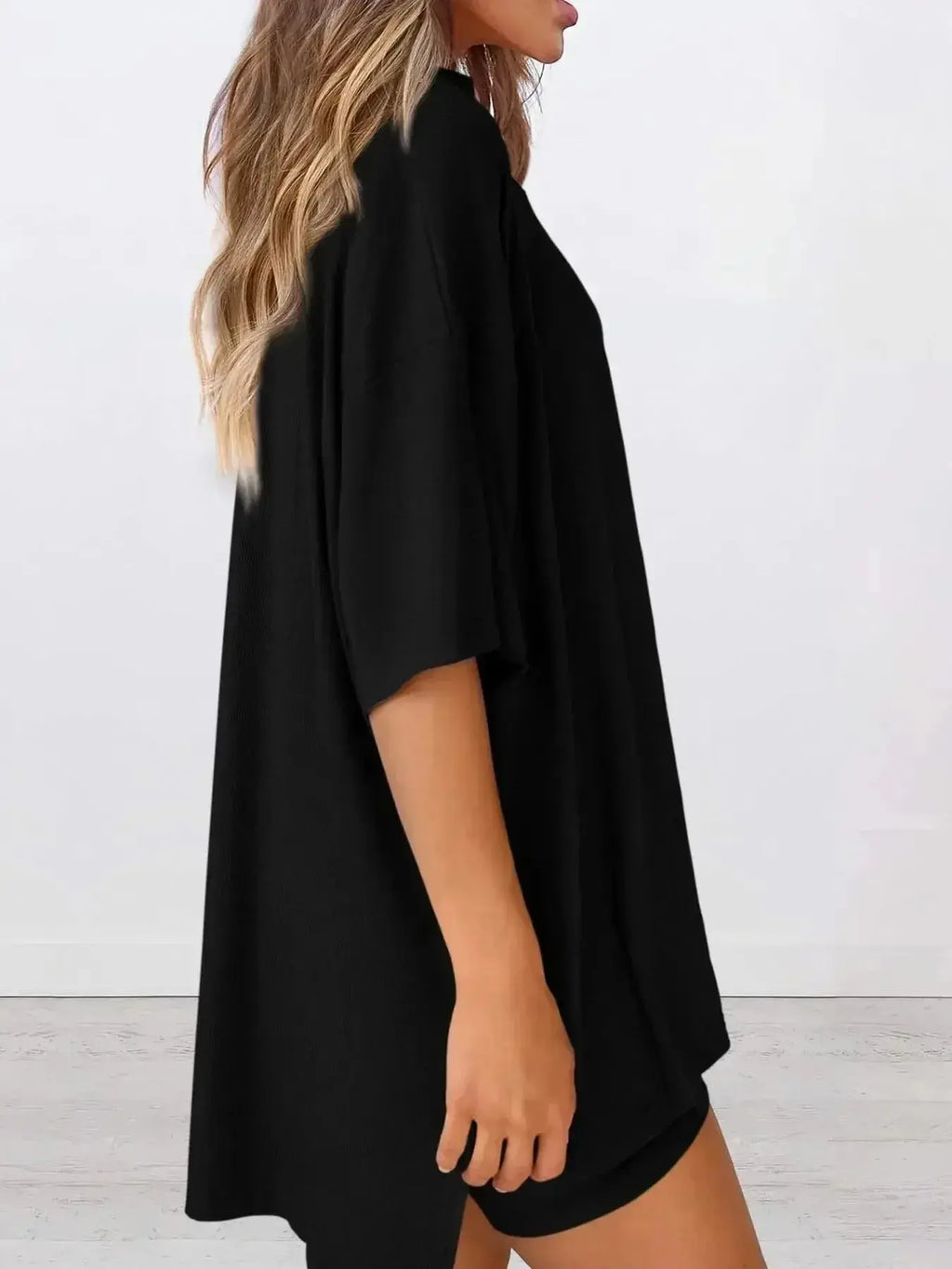 Full Size Oversized Slit Round Neck Top and Shorts Lounge Set Plus Size - Plush Fashion Hub