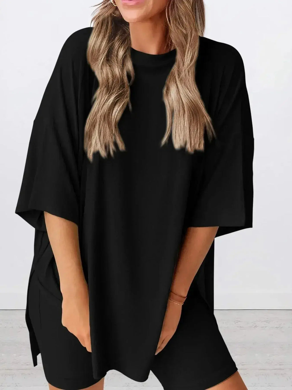 Full Size Oversized Slit Round Neck Top and Shorts Lounge Set Plus Size - Plush Fashion Hub