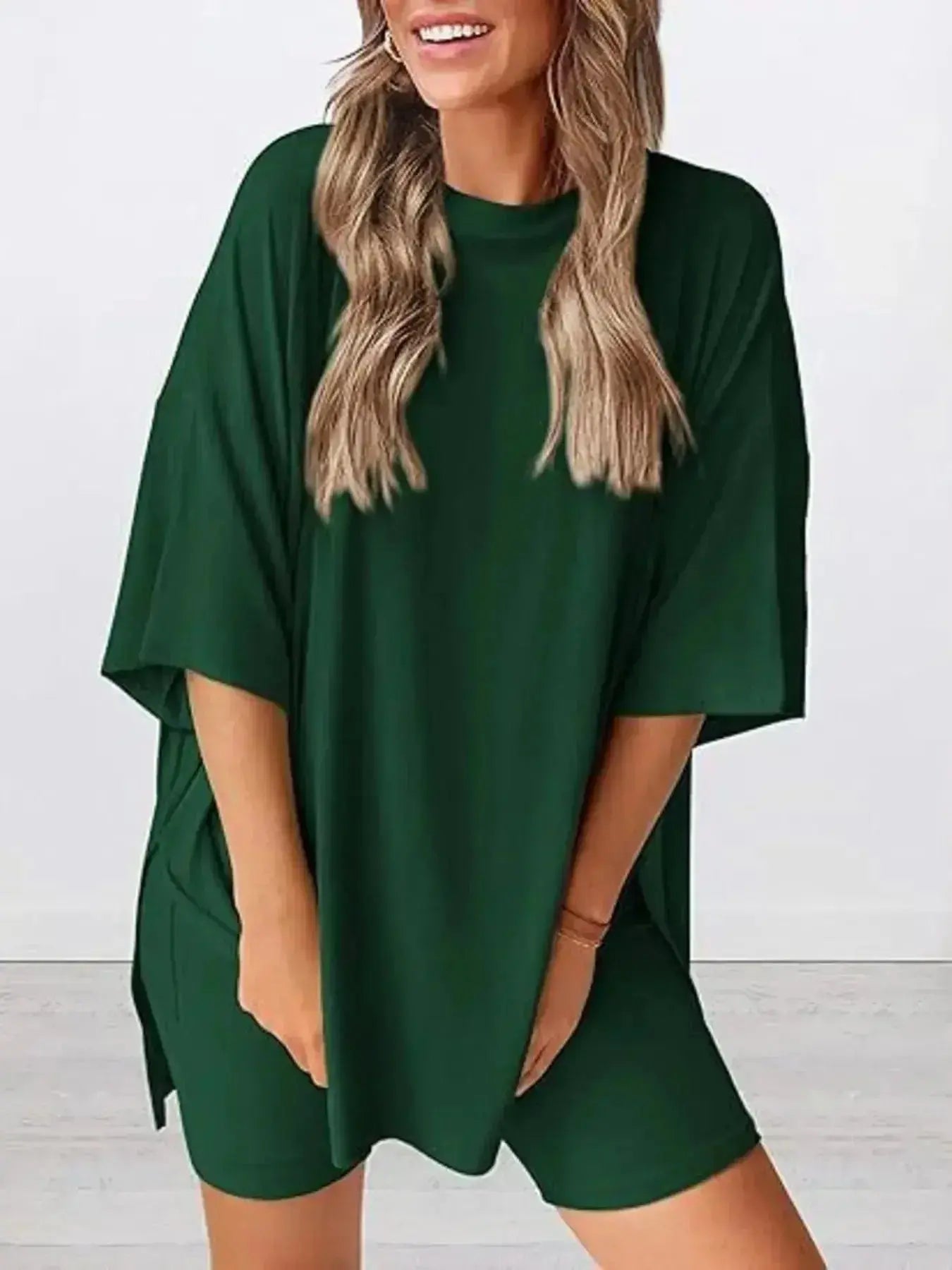 Full Size Oversized Slit Round Neck Top and Shorts Lounge Set Plus Size - Plush Fashion Hub
