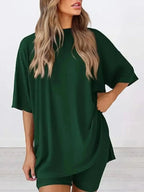 Full Size Oversized Slit Round Neck Top and Shorts Lounge Set Plus Size - Plush Fashion Hub