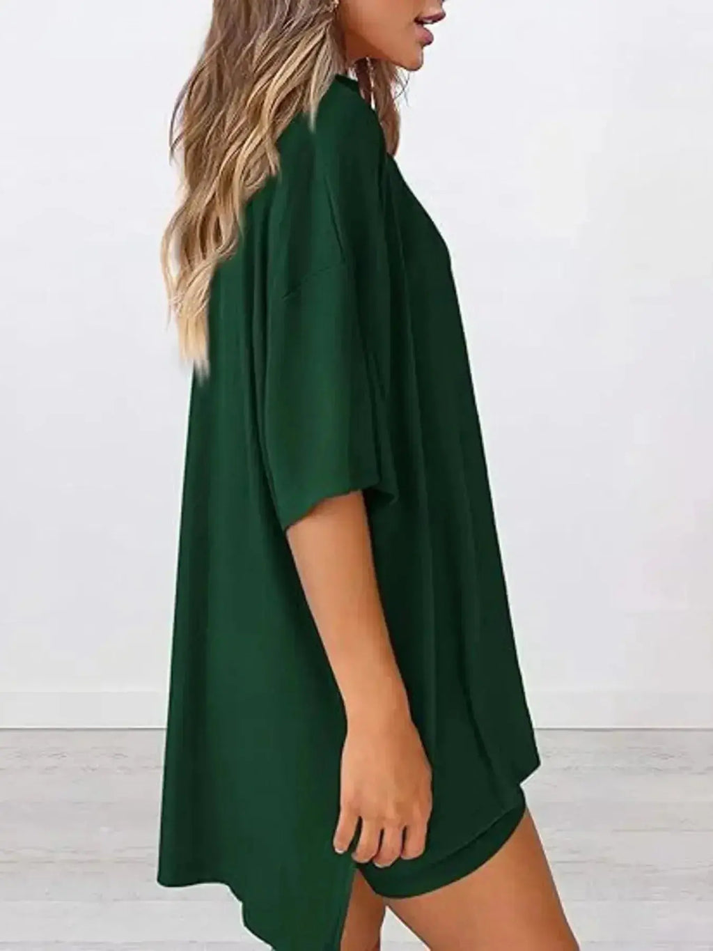 Full Size Oversized Slit Round Neck Top and Shorts Lounge Set Plus Size - Plush Fashion Hub