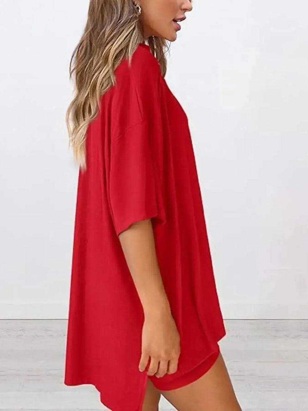 Full Size Oversized Slit Round Neck Top and Shorts Lounge Set Plus Size - Plush Fashion Hub