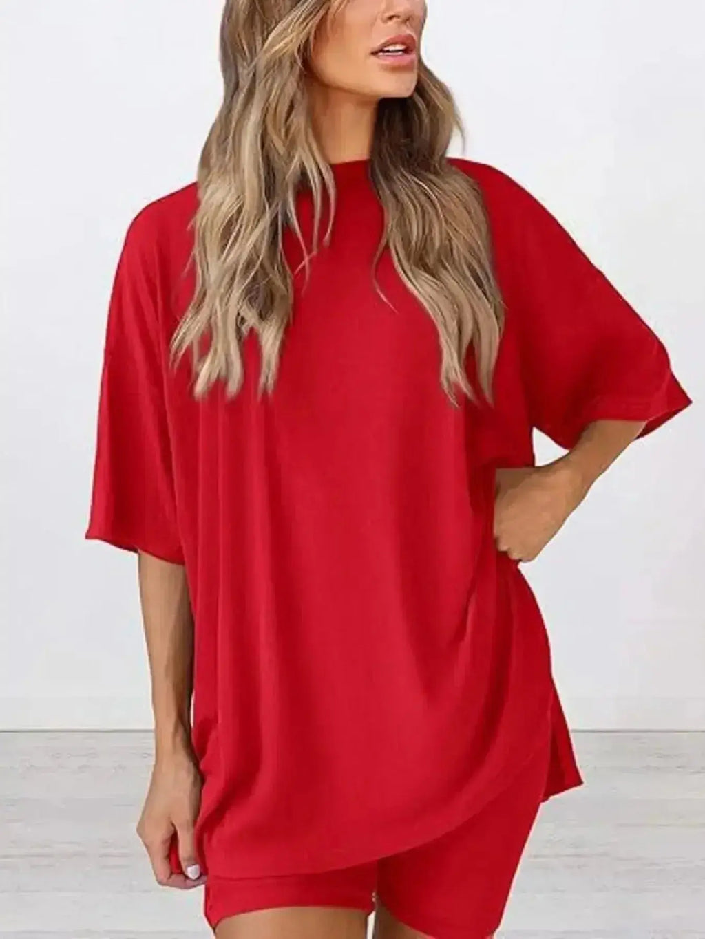 Full Size Oversized Slit Round Neck Top and Shorts Lounge Set Plus Size - Plush Fashion Hub