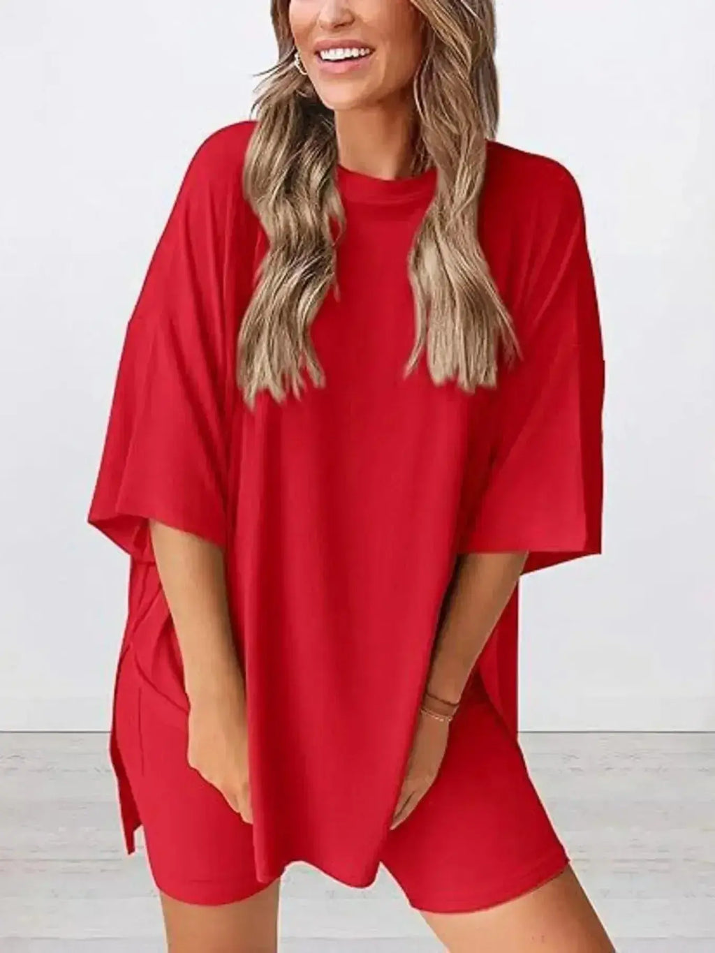Full Size Oversized Slit Round Neck Top and Shorts Lounge Set Plus Size - Plush Fashion Hub