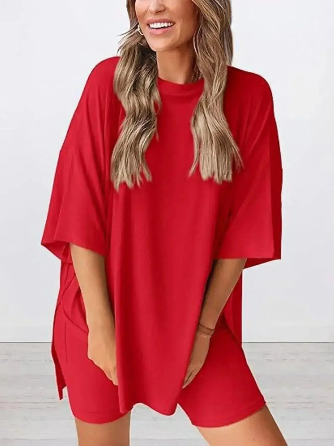 Full Size Oversized Slit Round Neck Top and Shorts Lounge Set Plus Size - Plush Fashion Hub