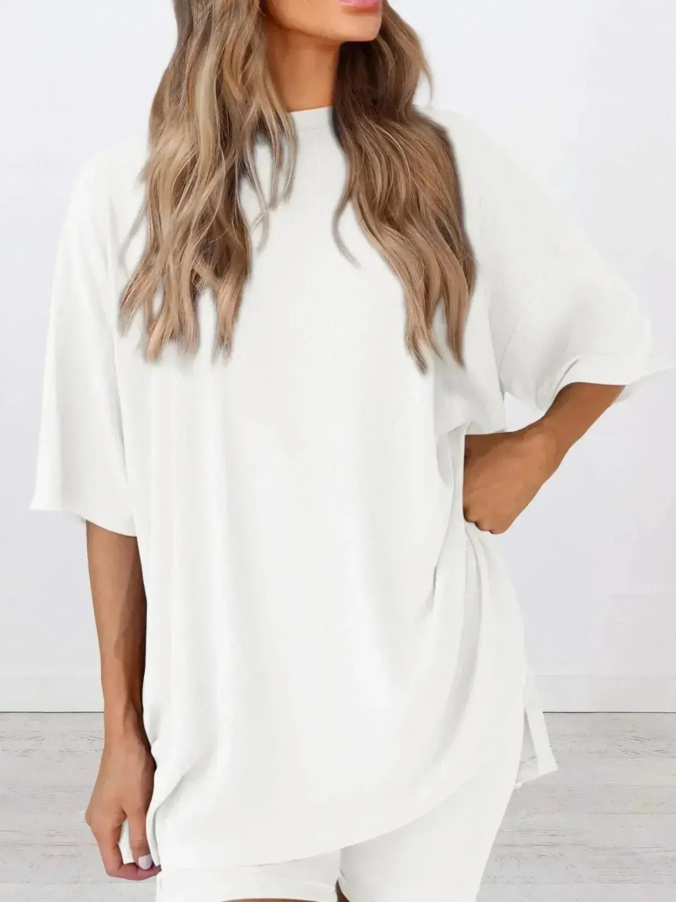 Full Size Oversized Slit Round Neck Top and Shorts Lounge Set Plus Size - Plush Fashion Hub