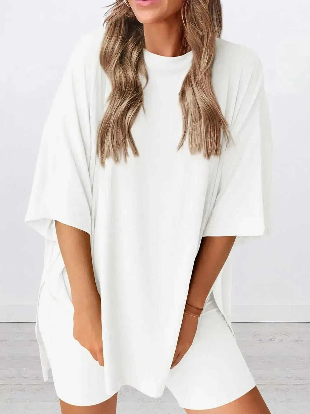 Full Size Oversized Slit Round Neck Top and Shorts Lounge Set Plus Size - Plush Fashion Hub