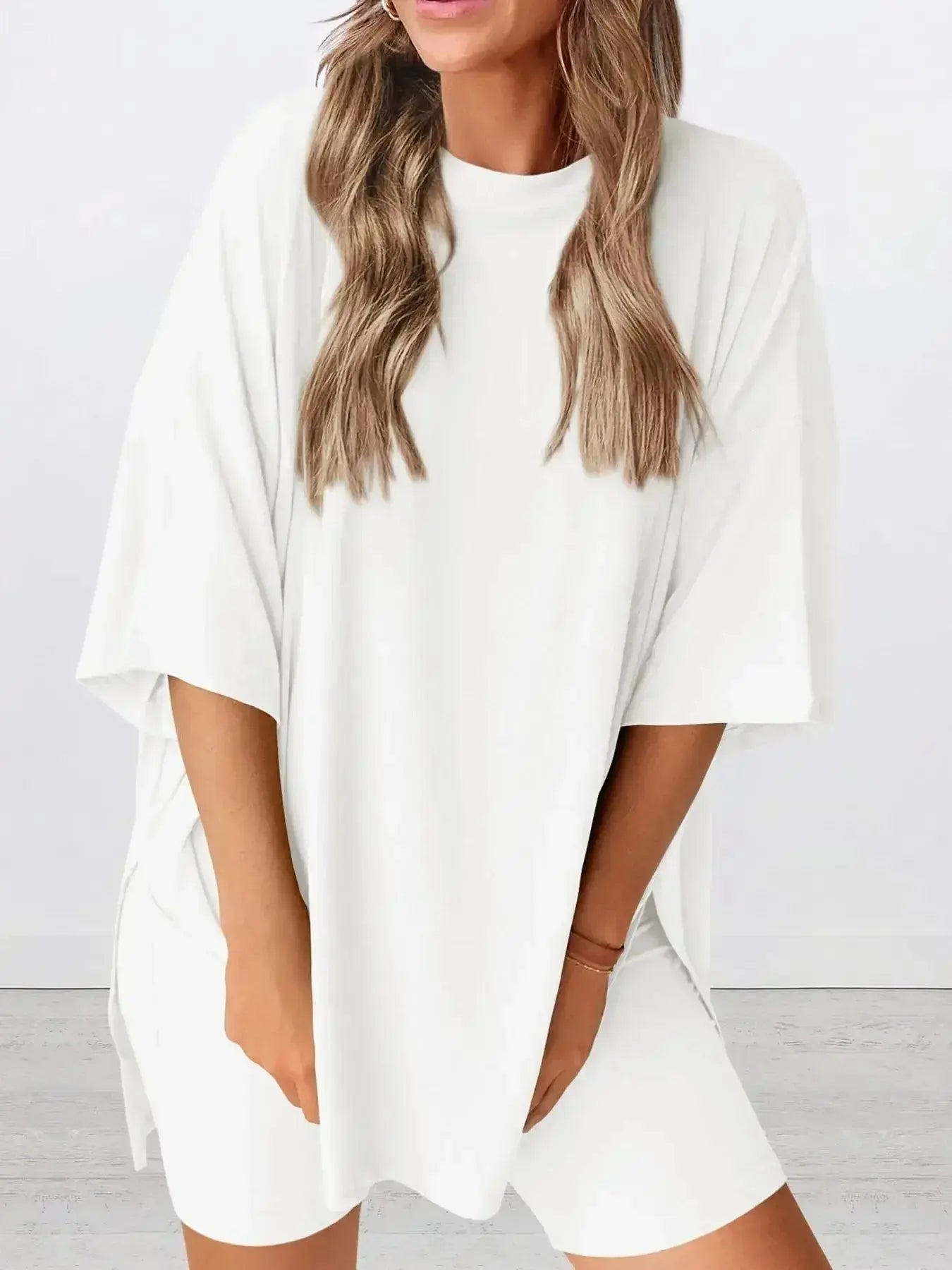 Full Size Oversized Slit Round Neck Top and Shorts Lounge Set Plus Size - Plush Fashion Hub