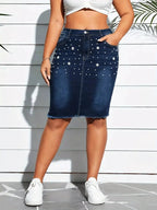 Plus Size Pearl Embellished Frayed Hem Denim Skirt - Plush Fashion Hub