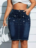 Plus Size Pearl Embellished Frayed Hem Denim Skirt - Plush Fashion Hub